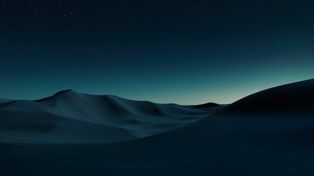 Night Landscape, with Desert Sand Dunes. Surreal Modern Background with Green Gradient Starry Sky