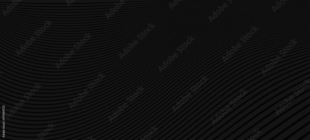 Poster horizontal black background with line curve design. modern wavy line pattern. premium stripe texture
