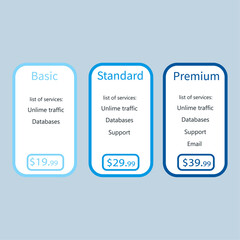 Vector Pricing Table. Overview pricing table for websites and hosting, application. UI UX Vector banner. Light template