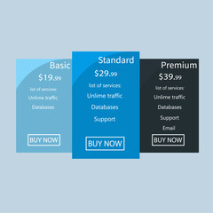 Vector Pricing Table. Price list widget with 3 payment plans for online services website template