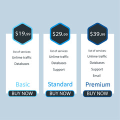 Vector Pricing Table. Table price comparison. Pricing 3 blocks purchases for comparing tariff plans. Vector illustration design. Light template