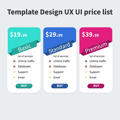 Vector Pricing Table. Tariff plans for the website and applications. Basic, standard and premium. Light template