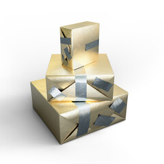 Golden Gift Box with Silver Duct Tape. 3D Illustration. File with Clipping Path.