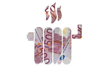 500 Euro money banknotes in shape of heating radiator battery. Concept of expensive heating costs...