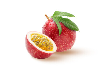 Fresh red passion fruit has water drop with leaf and half slice isolated on white background.