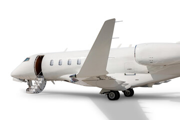 Close-up white luxury business airplane with an opened gangway door isolated on transparent background