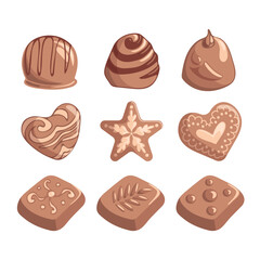 A set of delicious chocolates. Sweet, desserts. Praline in the shape of heart, star, snowflake, leaf. Candies for holidays, valentines day, christmas, stickers, design elements