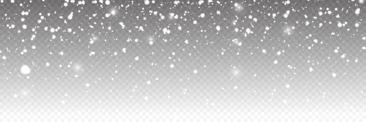 Realistic falling snowflakes. Isolated on transparent background. Vector illustration panorama view - obrazy, fototapety, plakaty