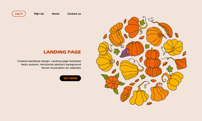 Autumn design template, hand drawn pumpkins, flat vector illustration