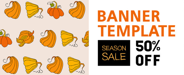 Autumn design template, hand drawn pumpkins, flat vector illustration