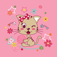 Vector illustration of happy cute cat with lovely flower