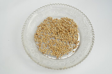coriander herbs in a transparent white dish container on a white background