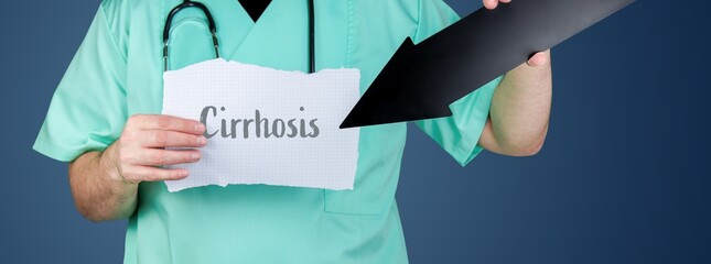 Cirrhosis. Doctor holds piece of paper and points to medical term with arrow.