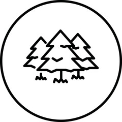 Forest, trees, pine trees, scenery in circle black and white outline button, line icon vector illustration