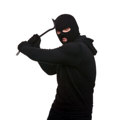 Thief in mask with crowbar on white background
