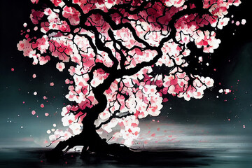 cherry blossom tree, watercolor style, digital illustration, concept art, abstract art, Generative AI