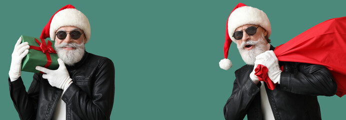 Banner with cool Santa Clauses in leather jackets on green background - obrazy, fototapety, plakaty