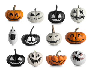 Set of different Halloween pumpkins on white background