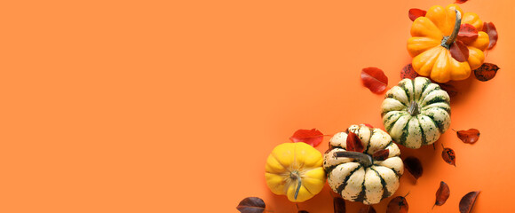 Ripe pumpkins and autumn leaves on orange background with space for text, top view