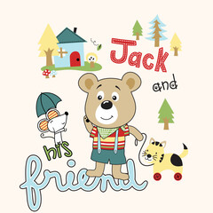 cartoon cute bear and little friends vector