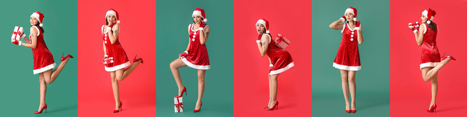 Set of sexy young woman in Santa costume on color background