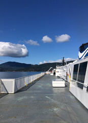 Horseshoe Bay, British Columbia, Canada -- April 11, 2021: BC Ferries vessel departing from Horseshoe Bay Terminal on its way to Vancouver Island.