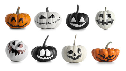 Set of Halloween pumpkins with drawn faces on white background