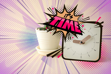 Clock with houseplant on light background. Concept of time