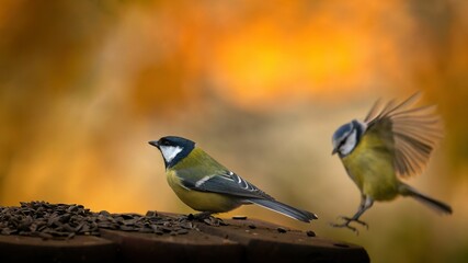 Dokarmianie ptaków na zimę - sikorki jedzące ziarna słonecznika w karmniku 