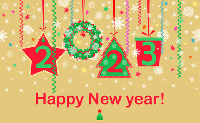 Naklejka premium Golden banner with red green hanging cut out decoration with paper fir, wreath, gift box, star and colorful streamer for 2023 New year greeting and winter holidays