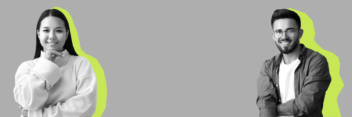 Collage of happy young people on grey background with space for text