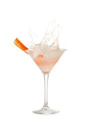 Glass of tasty margarita cocktail with splashes on white background
