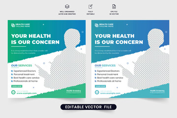 Special medical treatment social media post design for marketing. Clinical healthcare promotion web banner design with green and blue colors. Hospital doctor treatment advertisement poster vector.