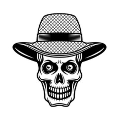 Farmer skull in straw hat vector monochrome illustration in vintage style isolated on white background