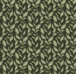 Vector seamless texture with contour sagebrush branches on dark green background. Botanical texture with cartoon wormwood.