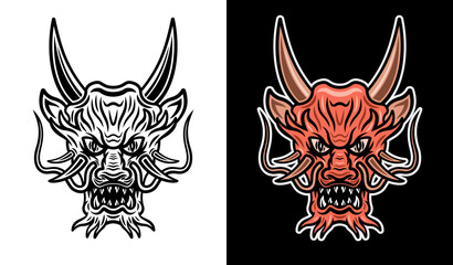 Japanese red dragon head with horns vector illustration in two styles monochrome on white and colorful on dark background