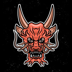 Japanese red dragon head with horns vector illustration in vintage colorful style on dark background