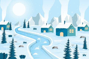 winter village landscape illustration with mountains background