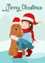 Christmas greeting card. A girl with a dog. Cartoon design. Vector illustration.
