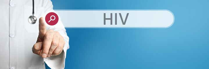 HIV (human immunodeficiency virus). Doctor in smock points with his finger to a search box. The...