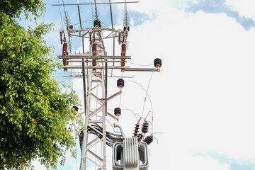 View of electric pole in city, closeup