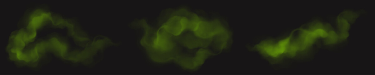 Set of green smoke clouds isolated on black background. Realistic vector illustration of bad smell, chemical toxic gas, mist over magic poisonous potion, stinky steam. Realistic vector illustration
