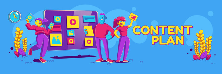 Content plan strategy banner with contemporary seo characters planning campaign near schedule. Social media marketing, ads, blogging, promotion in social network, Cartoon linear vector illustration