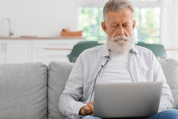 Senior bearded man using laptop on sofa in kitchen