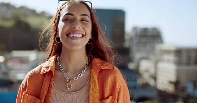 Smile, happy and laughing fashion woman in city style, trendy and cool clothes on summer Brazilian holiday. Portrait, fun student and tourist or model in urban clothing, travel location and vacation