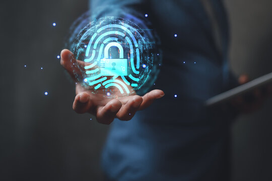 cybersecurity concept Business man shows how to protect cyber technology network from attack by hackers on the internet. Secure access to privacy through smartphones Meta protection.	