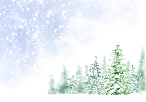 Graphic of snowy winter scenery. An illustration of a hand-painted image in the form of a watercolor.