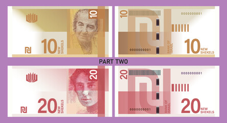 Israel play money vector set with portraits. Banknotes of 10 and 20 new shekels. Part two