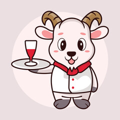 Cute baby goat cartoon butler wine