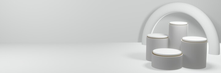 Empty white podium and white background, a place for a product with lights. 3d rendering. A place to present a product. 3d illustration for Banner, website.